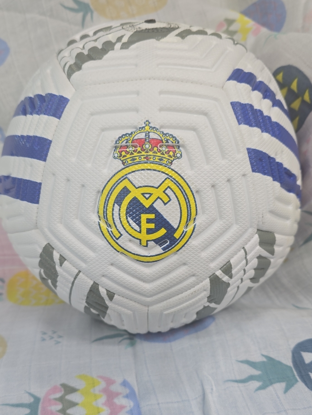 White Kids Soccer Ball with Blue Stripes - Real Madrid Used In Good Condition